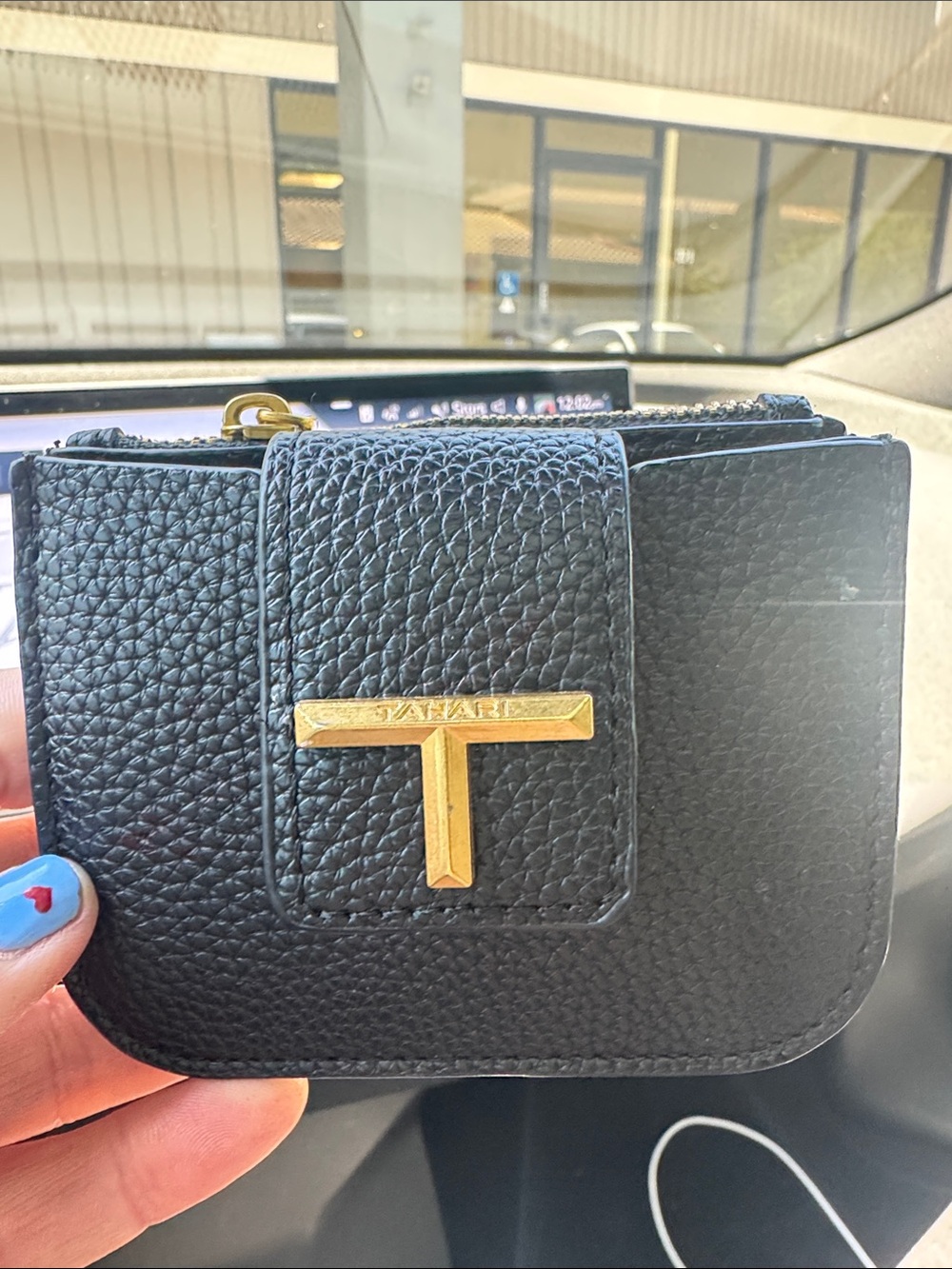 T Tahari Black Pebbled Leather Mini Wallet with Gold T Logo